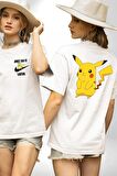 Pokemon Beyaz Oversize Kadın Erkek Ön ve Sırt Baskılı Tişört