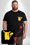 Pokemon Siyah Büyük Beden Kadın Basic Minimal Baskılı Tişört