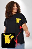 Pokemon Siyah Büyük Beden Kadın Basic Minimal Baskılı Tişört