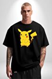 Pokemon Pamuklu Bisiklet Yaka Kadın Erkek Oversize Boyfriend Dijital Baskılı Siyah T-shirt