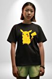 Pokemon Pamuklu Bisiklet Yaka Kadın Erkek Oversize Boyfriend Dijital Baskılı Siyah T-shirt