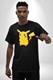Pokemon Pamuklu Bisiklet Yaka Kadın Erkek Oversize Boyfriend Dijital Baskılı Siyah T-shirt