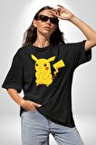 Pokemon Pamuklu Bisiklet Yaka Kadın Erkek Oversize Boyfriend Dijital Baskılı Siyah T-shirt