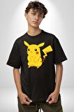 Pokemon Pamuklu Bisiklet Yaka Kadın Erkek Oversize Boyfriend Dijital Baskılı Siyah T-shirt