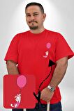 Piklet Balon Kırmızı Büyük Beden Kadın Basic Minimal Baskılı Tişört