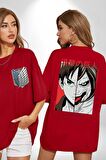 Anime Titan Saldırısı  Kırmızı Oversize Kadın Erkek Ön ve Sırt Baskılı Tişört