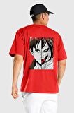 Anime Titan Saldırısı  Kırmızı Oversize Kadın Erkek Ön ve Sırt Baskılı Tişört