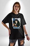 Anime Levi Ackerman Beyaz Ve Siyah Kanatlar Pamuklu Bisiklet Yaka Kadın Erkek Oversize Boyfriend Dijital Baskılı Siyah T-shirt