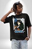 Anime Levi Ackerman Beyaz Ve Siyah Kanatlar Pamuklu Bisiklet Yaka Kadın Erkek Oversize Boyfriend Dijital Baskılı Siyah T-shirt