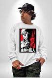 Anime Manga Style Attack On Titan Kadın Erkek Beyaz Sweatshirt 