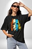Korku Filmi Maskeli Katil Pamuklu Bisiklet Yaka Kadın Erkek Oversize Boyfriend Dijital Baskılı Siyah T-shirt