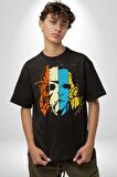 Korku Filmi Maskeli Katil Pamuklu Bisiklet Yaka Kadın Erkek Oversize Boyfriend Dijital Baskılı Siyah T-shirt