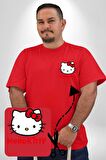 Hello Kitty Kırmızı Büyük Beden Kadın Basic Minimal Baskılı Tişört