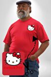 Hello Kitty Kırmızı Büyük Beden Kadın Basic Minimal Baskılı Tişört