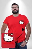 Hello Kitty Kırmızı Büyük Beden Kadın Basic Minimal Baskılı Tişört