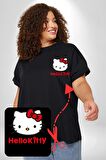 Hello Kitty Siyah Büyük Beden Kadın Basic Minimal Baskılı Tişört
