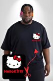Hello Kitty Siyah Büyük Beden Kadın Basic Minimal Baskılı Tişört