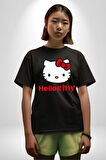 Hello Kitty Pamuklu Bisiklet Yaka Kadın Erkek Oversize Boyfriend Dijital Baskılı Siyah T-shirt