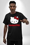 Hello Kitty Pamuklu Bisiklet Yaka Kadın Erkek Oversize Boyfriend Dijital Baskılı Siyah T-shirt