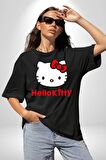 Hello Kitty Pamuklu Bisiklet Yaka Kadın Erkek Oversize Boyfriend Dijital Baskılı Siyah T-shirt