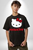 Hello Kitty Pamuklu Bisiklet Yaka Kadın Erkek Oversize Boyfriend Dijital Baskılı Siyah T-shirt
