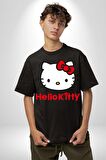 Hello Kitty Pamuklu Bisiklet Yaka Kadın Erkek Oversize Boyfriend Dijital Baskılı Siyah T-shirt