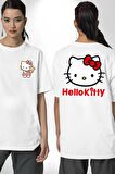 Hello Kitty Beyaz Oversize Kadın Erkek Ön ve Sırt Baskılı Tişört