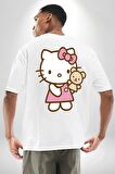Hello Kitty Beyaz Oversize Kadın Erkek Ön ve Sırt Baskılı Tişört