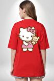 Hello Kitty Kırmızı Oversize Kadın Erkek Ön ve Sırt Baskılı Tişört