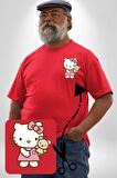 Hello Kitty Kırmızı Büyük Beden Kadın Basic Minimal Baskılı Tişört