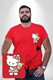 Hello Kitty Kırmızı Büyük Beden Kadın Basic Minimal Baskılı Tişört