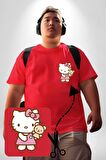 Hello Kitty Kırmızı Büyük Beden Kadın Basic Minimal Baskılı Tişört