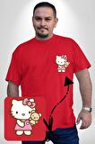 Hello Kitty Kırmızı Büyük Beden Kadın Basic Minimal Baskılı Tişört