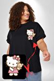 Hello Kitty Siyah Büyük Beden Kadın Basic Minimal Baskılı Tişört