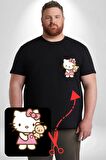 Hello Kitty Siyah Büyük Beden Kadın Basic Minimal Baskılı Tişört