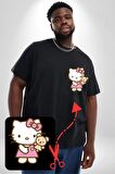 Hello Kitty Siyah Büyük Beden Kadın Basic Minimal Baskılı Tişört