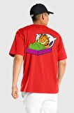 Garfield Uyku Kırmızı Oversize Kadın Erkek Ön ve Sırt Baskılı Tişört