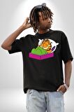 Garfield Uyku Pamuklu Bisiklet Yaka Kadın Erkek Oversize Boyfriend Dijital Baskılı Siyah T-shirt