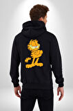 Garfield Kadın Erkek Siyah Kapüşonlu Fermuarlı Baskılı Hırka Sweatshirt
