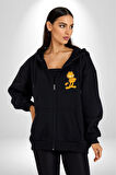 Garfield Kadın Erkek Siyah Kapüşonlu Fermuarlı Baskılı Hırka Sweatshirt