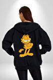 Garfield Kadın Erkek Siyah Kapüşonlu Fermuarlı Baskılı Hırka Sweatshirt
