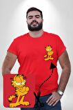 Garfield Kırmızı Büyük Beden Kadın Basic Minimal Baskılı Tişört