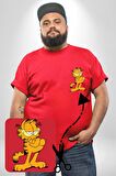 Garfield Kırmızı Büyük Beden Kadın Basic Minimal Baskılı Tişört