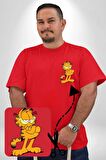 Garfield Kırmızı Büyük Beden Kadın Basic Minimal Baskılı Tişört