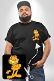 Garfield Siyah Büyük Beden Kadın Basic Minimal Baskılı Tişört
