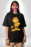 Garfield Pamuklu Bisiklet Yaka Kadın Erkek Oversize Boyfriend Dijital Baskılı Siyah T-shirt