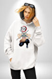 Anime Inosuke Hashibira Demon Slayer Kadın Erkek  Beyaz Kapüşonlu Sweatshirt Hoodie