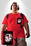 Anime İblis Avcısı Kimetsu No Yaiba Maske Kırmızı Büyük Beden Kadın Basic Minimal Baskılı Tişört