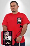 Anime Demon Slayer Kimetsu No Yaiba Mitsuri Kanroji Kırmızı Büyük Beden Kadın Basic Minimal Baskılı Tişört