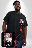 Anime Demon Slayer Kimetsu No Yaiba Mitsuri Kanroji Siyah Büyük Beden Kadın Basic Minimal Baskılı Tişört